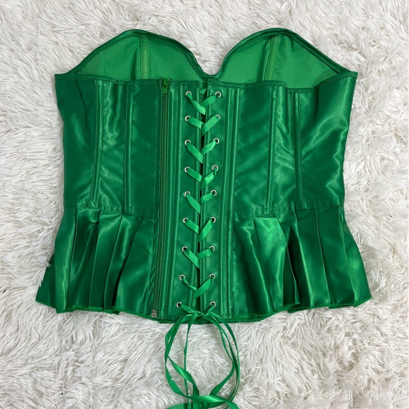 Bright Green Satin Peplum Style Bow Accented Strapless Lace Up Corset Top XL - Picture 3 of 11